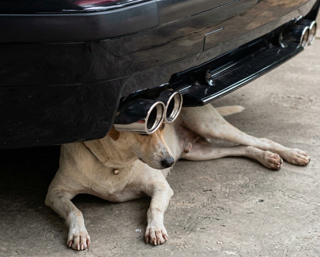 Chien allongé sous une voiture, les pots d'échappement forment des lunettes